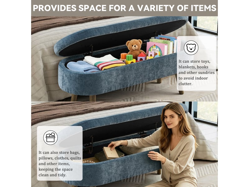  Banc coffre de rangement ovale 20 l en chenille et bois bleu 110 x 40 x 42 cm  - Conforama E