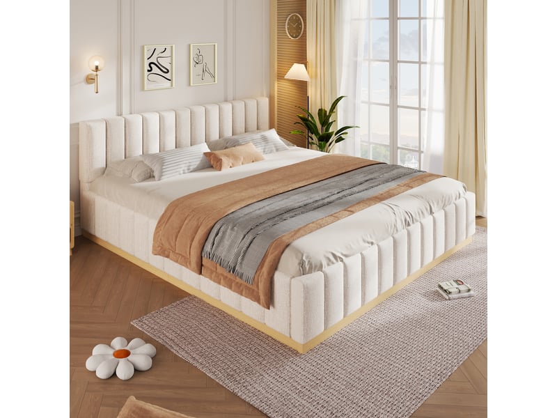  Lit rembourré, lit double, 180 x 200 cm, avec sommier à lattes et tête de lit rembourrée, revêtement en chenille beige  - Conforama D