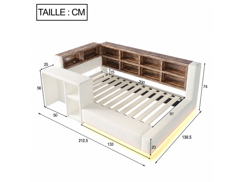 Lit simple rembourré 90x200 cm avec rangements, prises, éclairage led et banquette, sans matelas, beige - Conforama D