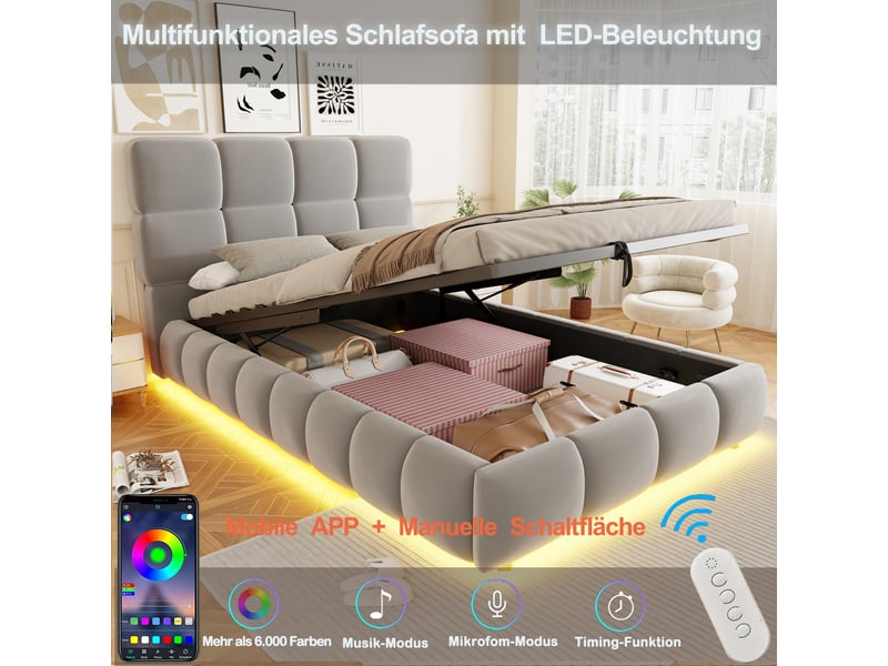  Lit coffre 90x200 cm - lit simple avec rangement hydraulique et led - tête de lit rembourrée - gris  - Conforama D