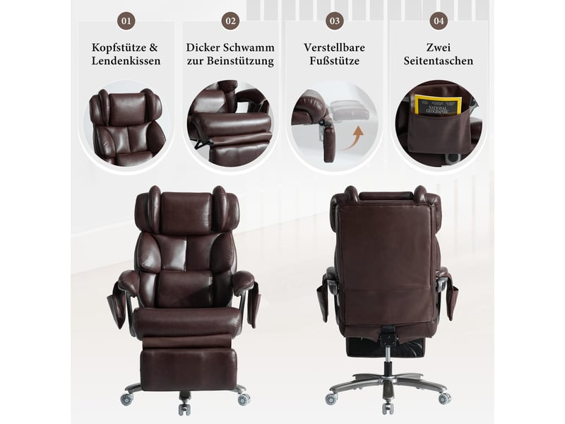  Fauteuil de bureau xxl marron, massage, chauffage, dossier réglable et repose-pieds  - Conforama D