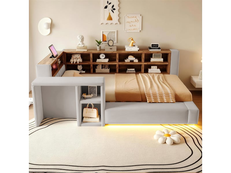  Lit enfant multifonctionnel 90x200 cm - lit simple avec rangement, étagères, led, prises et table d'appoint - gris  - Conforama B