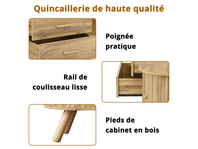 Meuble tv 160 cm style scandinave forme haricot avec 2 portes coulissantes et 2 tiroirs, pieds en bois massif, aspect bois naturel  - Conforama E