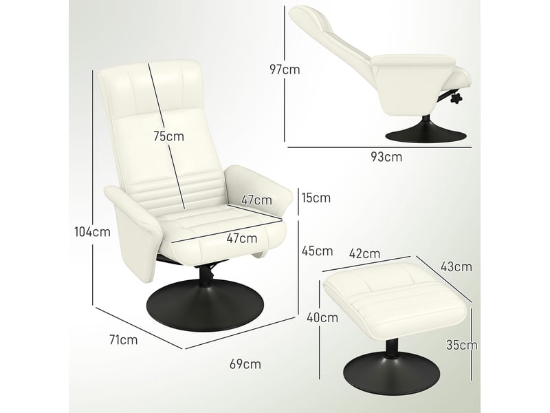  Fauteuil relax pivotant avec repose-pieds 69x71x104 cm – blanc crème – inclinable 135°, rotation 360°  - Conforama C