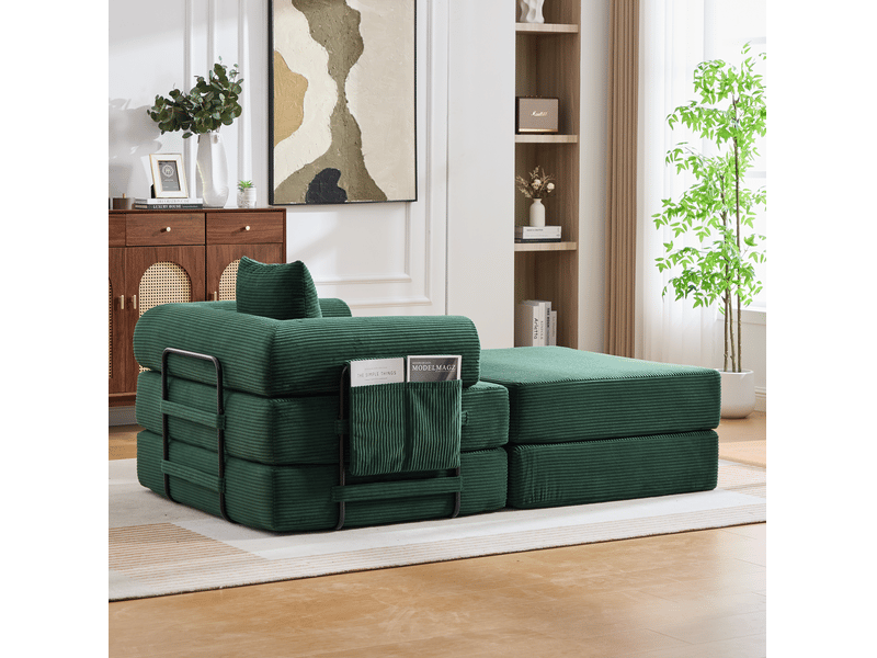  Fauteuil avec pouf ulevr modulable en velours côtelé, coussin et poche latérale, vert émeraude, 112 x 190 x 67 cm  - Conforama D