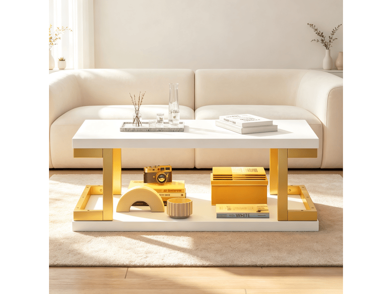  Table basse avec led rgb 100x50 cm, table de salon blanc et or en mdf et métal, 2 niveaux, charge 50 kg  - Conforama D