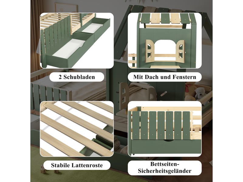  Lit enfant 90x200 cm avec 2 tiroirs, lit simple avec toit et fenêtre, avec rebord de fenêtre en bois, clôture à quatre côtés,pin+mdf  - Conforama W