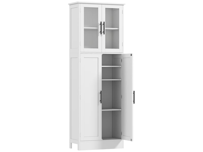  Meuble de salle de bain haut 6 niveaux, blanc, meuble de rangement avec 4 portes dont 2 vitrées et étagères réglables  - Conforama B