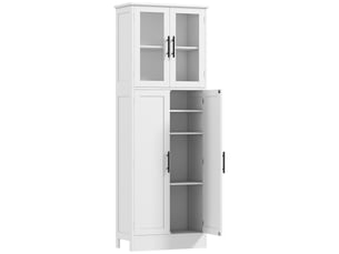 Meuble de salle de bain haut 6 niveaux, blanc, meuble de rangement avec 4 portes dont 2 vitrées et étagères réglables