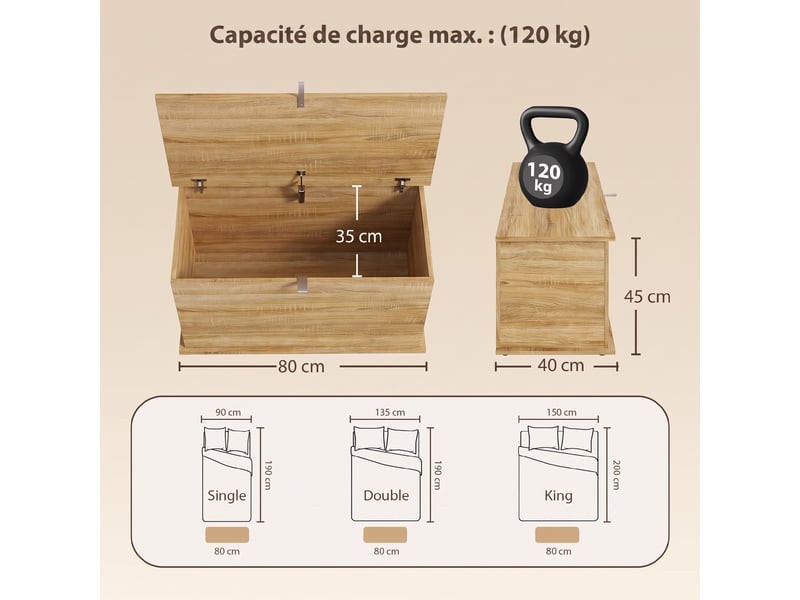  Coffre de rangement avec couvercle rabattable coloris naturel 80 x 40 x 45 cm  - Conforama C