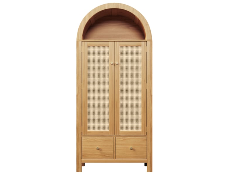 Armoire avec cannage, 2 portes, 2 tiroirs et penderie, chêne, 181x78x45 cm  - Conforama A