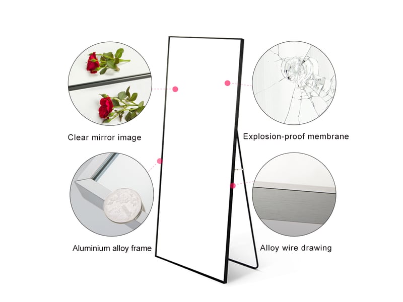  Miroir sur pied - 150 x 40 cm - noir - miroir plein pied rectangulaire en verre de sécurité, cadre en alliage d'aluminium, design moderne  - Conforama A