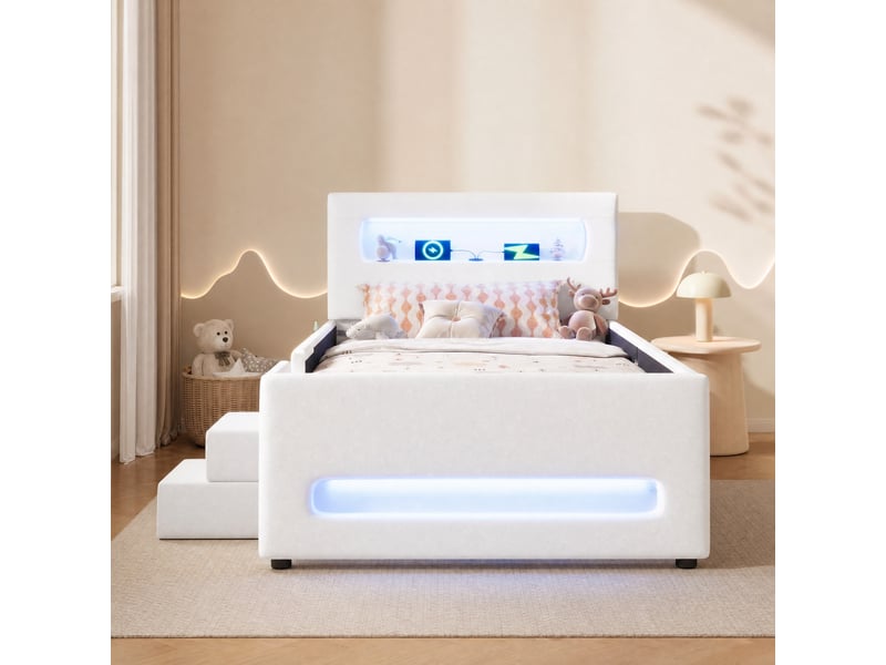  Lit enfant rembourré 90x200 cm avec escalier, tiroir, led et usb, blanc  - Conforama D