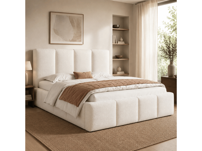  Lit plateforme 180x200 cm beige, tissu bouclé, tête de lit rembourrée 11 cm, sommier à lattes inclus, structure anti-glissement  - Conforama R