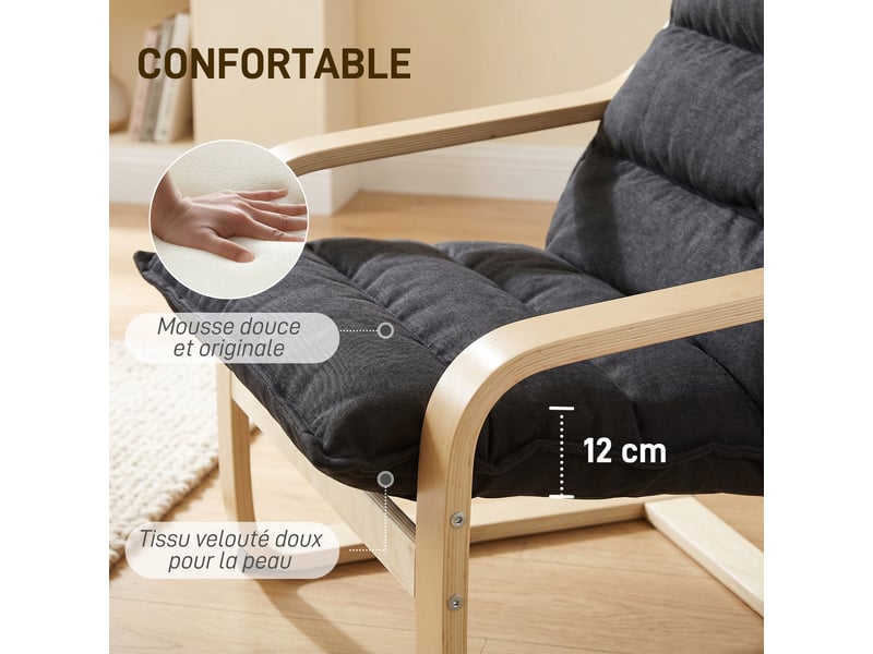  Fauteuil salon, fauteuil de loisirs moderne, fauteuil chambre avec accoudoirs incurvés, 67 x 83 x 105 cm, coussins, noir  - Conforama D