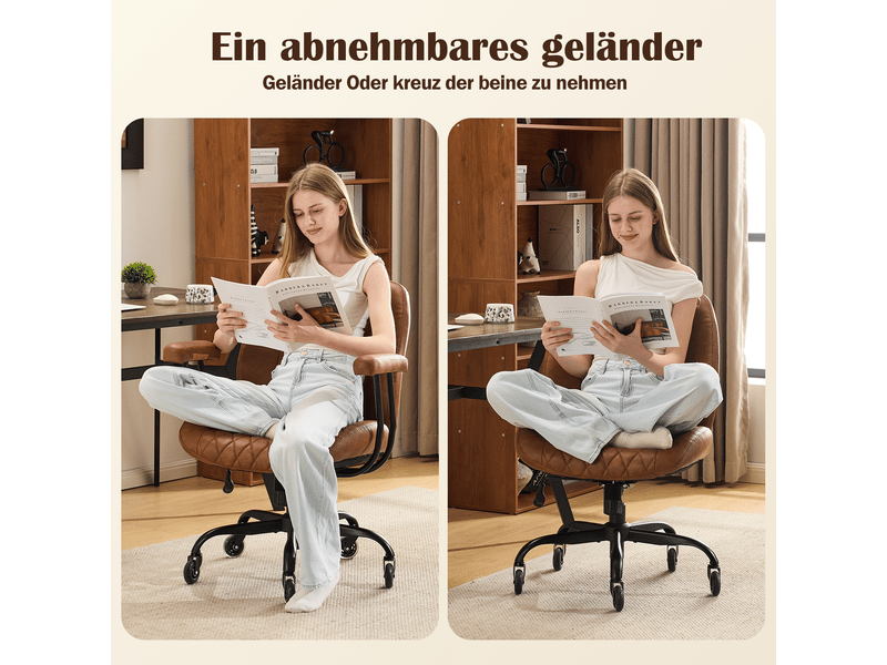  Chaise de bureau ergonomique avec soutien lombaire, hauteur réglable, roulettes et accoudoirs amovibles, cuir marron  - Conforama E