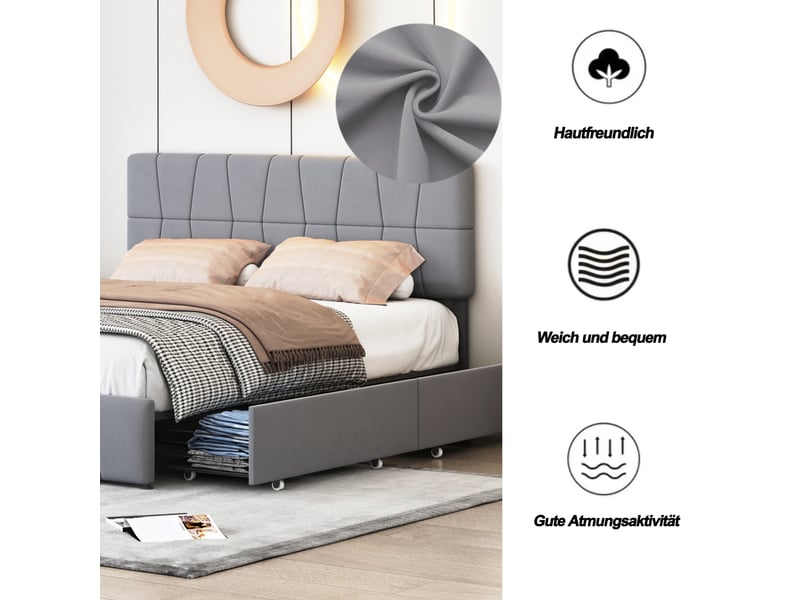  Lit double 160x200 lit double rembourré en velours style minimaliste, lit double avec rangement équipé de 4 tiroirs latéraux à roulettes, cadre métallique, lit 2 places adulte design nordique - capacité de charge 300 kg - gris  - Conforama D