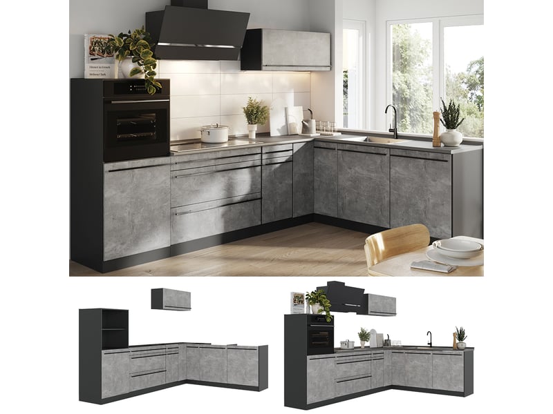  Vicco cuisine en angle, bétonanthracite, 287 x cm plan de travail marbre  - Conforama D