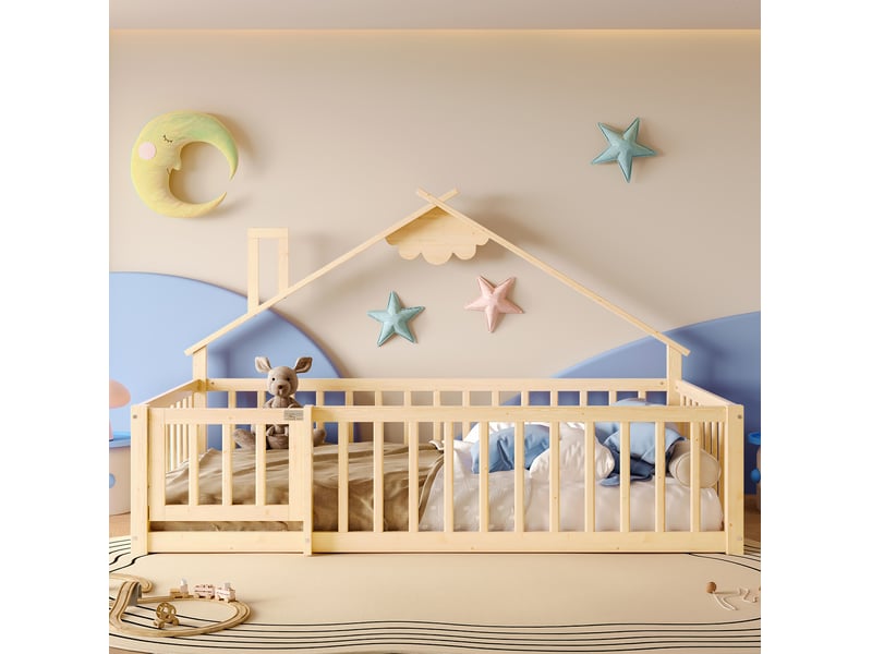  Lit enfant 90 x 190 cm en bois, forme maison avec barrière verrouillable naturel  - Conforama B