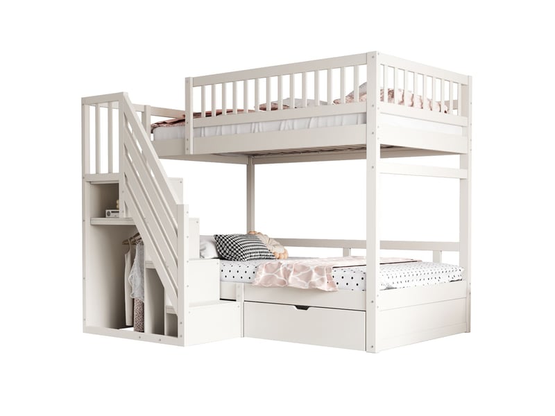  Lit superposé enfant - 90x200cm - design cabane avec toboggan - lit superposé - bois massif, escalier, ludique, blanc  - Conforama E