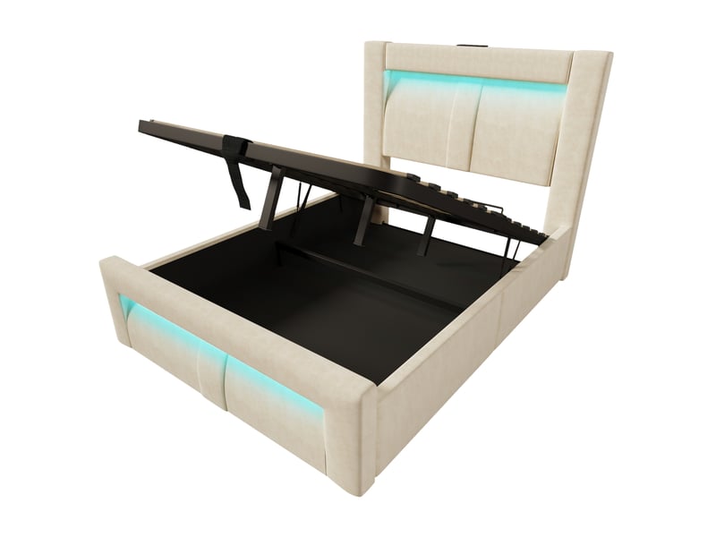  Lit coffre 90x200 cm, rangement sous-lit, led pilotable via appli, usb type-c intégrés, velours beige, sans matelas  - Conforama E