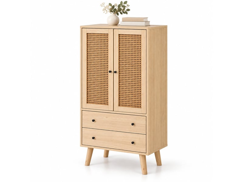  Buffet haut 60x40x120 cm, 2 portes rotin, 2 tiroirs, 4 rangements, pieds bois, effet chêne  - Conforama A