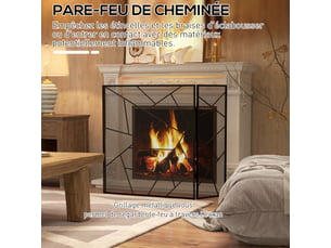 Pare feu cheminée pliable 3 panneaux en acier avec décor géométrique et pieds antidérapants, noir, 135l x 1,2p x 85h cm