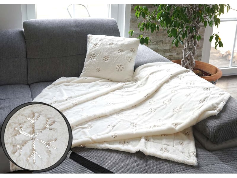  Set couverture + coussin de décoration, neige, duveteux avec bourrage, pailleté  - Conforama B