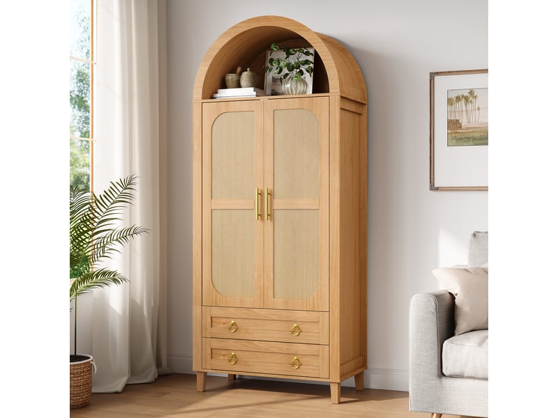 Armoire penderie 76x50x184cm, 2 portes effet rotin, led pilotable via appli, niche cintrée, tringle, 2 tiroirs, pieds en bois massif, coloris naturel - Conforama B