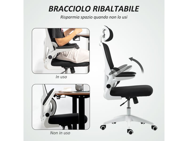 Chaise de bureau ergonomique noire avec appuie-tête réglable, dossier maille et accoudoirs relevables - Conforama R