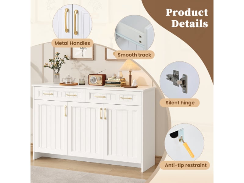  Buffet 140x40x90 cm blanc, 2 tiroirs, 3 portes, étagères réglables, mdf, charge 30 kg  - Conforama D