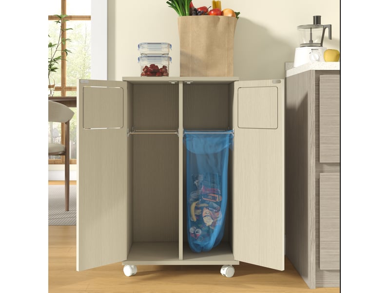  Meuble de tri des déchets 46,7x35x80 cm à roulettes mdf bois clair et blanc  - Conforama D
