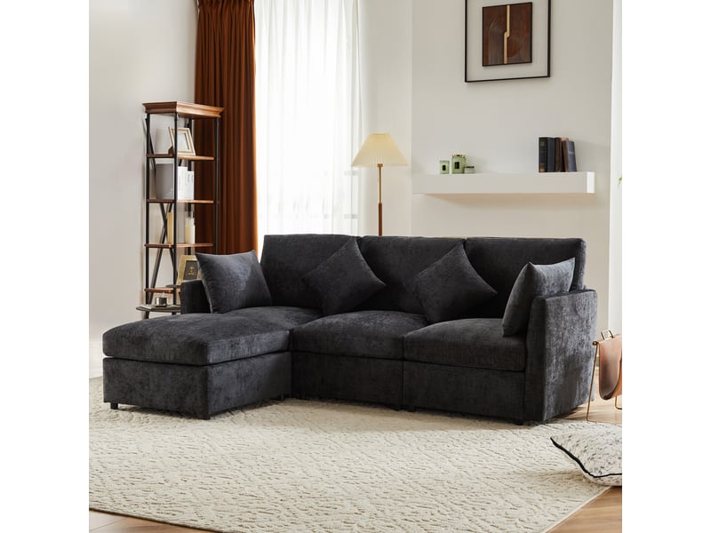  Canapé d'angle, canapé convertible, 3 places, en chenille, gris, avec pouf, pour salon, bureau, appartement  - Conforama W