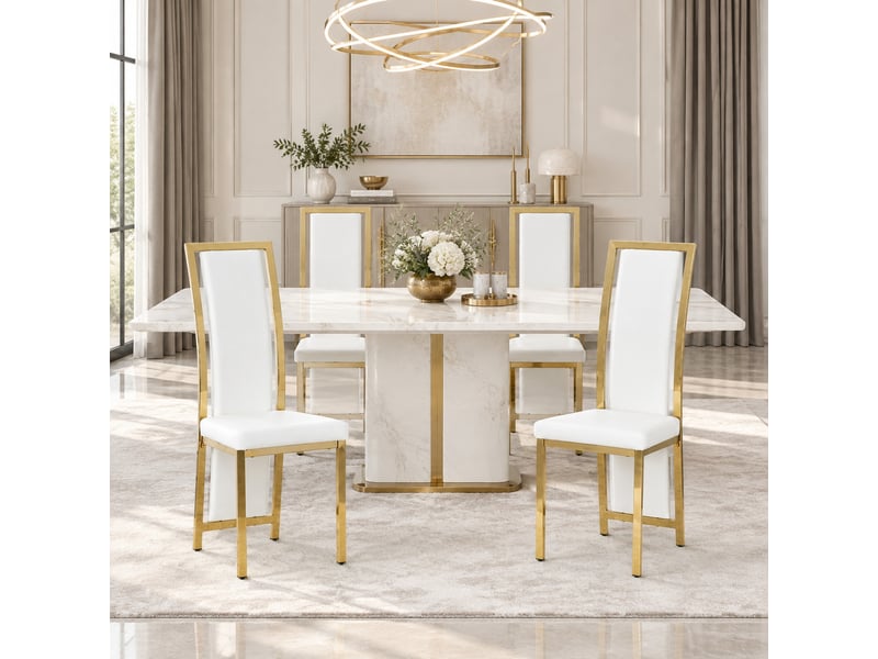  Chaises de salle à manger lot de 4 à dossier haut ergonomique  - métal, similicuir blanc et doré  - Conforama C