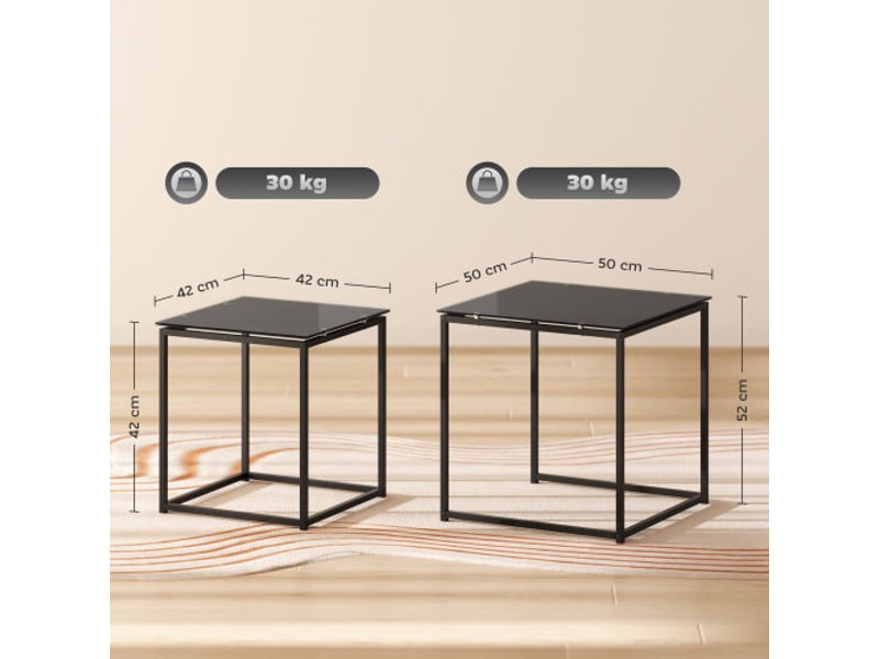 Lot de 2 tables d’appoint carrées en acier noir avec plateau en verre pour salon - Conforama B