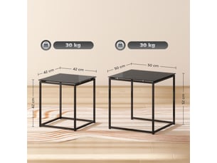 Lot de 2 tables d’appoint carrées en acier noir avec plateau en verre pour salon