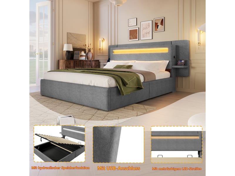 Lit 2 places 140x200 cm, lit coffre hydraulique, table de chevet usb, led, sommier à lattes, gris - Conforama D