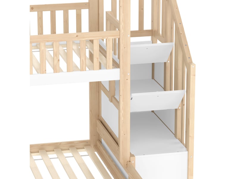 Lit superposé cabane enfant avec escalier de rangement, 90x200 et 140x200 cm, coloris naturel et blanc - Conforama W