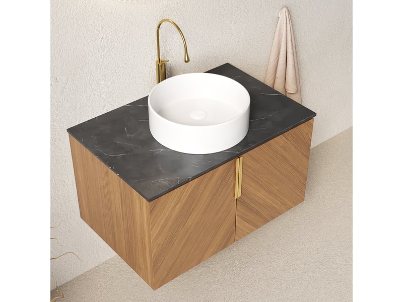  Meuble vasque suspendu 2 portes à fermeture douce - lpospi - plan pierre frittée, céramique - noir, chêne brun, blanc  - Conforama C