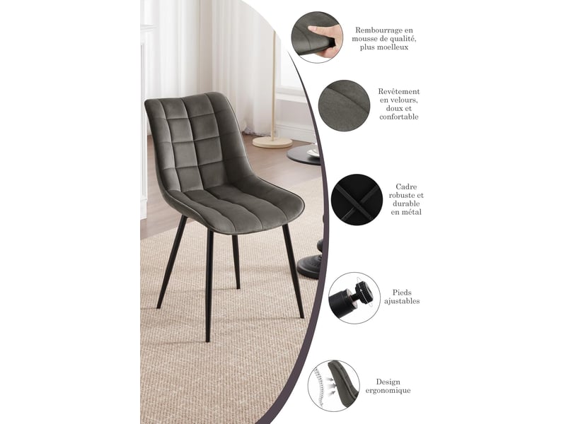  8 x chaises de salle à manger, chaise de cuisine, siège en velours, pieds en métal, gris foncé  - Conforama E