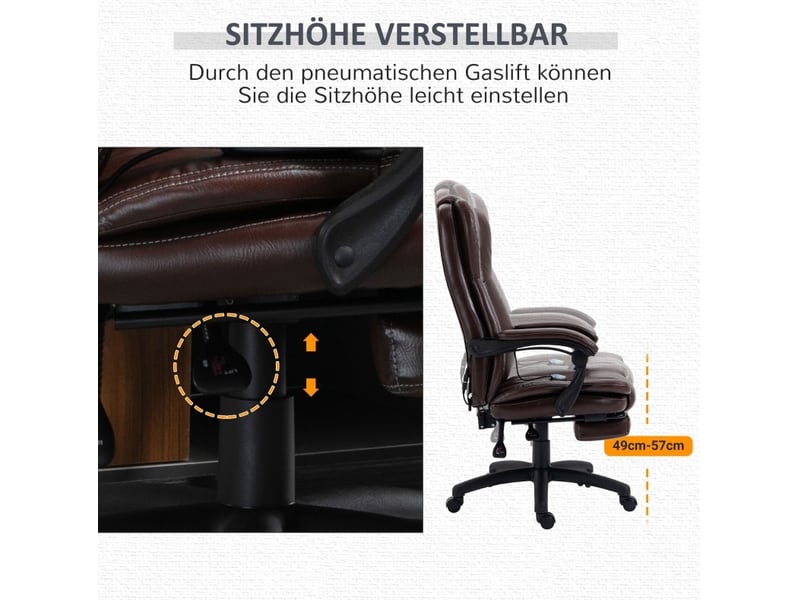  Fauteuil de bureau massant inclinable en similicuir marron avec repose-pieds  - Conforama D
