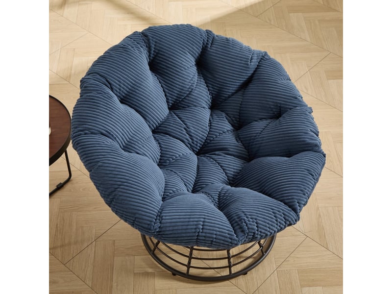  Fauteuil papasan pivotant à 360° en résine tressée - 92x92x67cm - coussin épais velours côtelé confortable - marron et bleu  - Conforama D