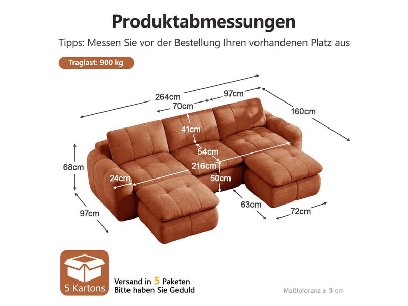 Canapé d'angle en u 3 places sans cadre, canapé modulaire, housse chenille douce, mousse 32d, sans montage, 2 poufs, orange - Conforama C