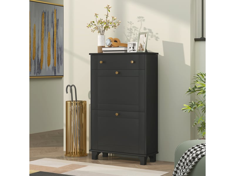  Meuble chaussure entrée étroit avec tiroirs à portes abattants et étagère réglable, 60 x 23,5 x 98,5 cm, noir  - Conforama C