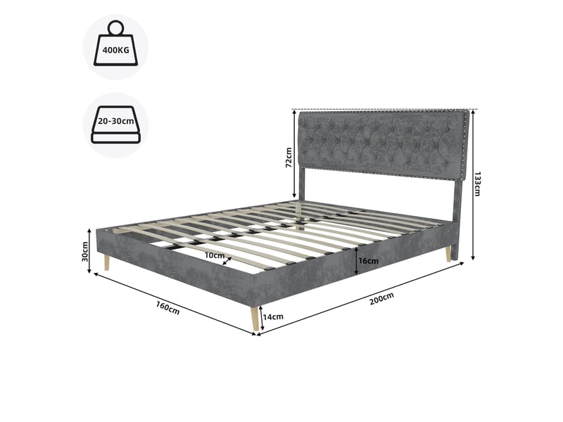 Lit 160x200 cm gris tête molletonnée structure basse multifonction sans sommier gaz ni matelas  - Conforama C