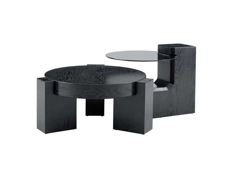  Ensemble de 2 tables basses rondes séparables en mdf et verre gris noir  - Conforama A