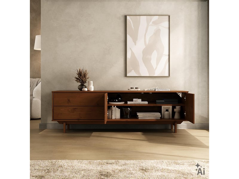 Meuble tv lita l 170 cm 2 portes, 2 tiroirs en bois massif - coloris châtaignier - Conforama D