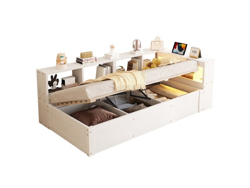  Lit banquette 90x200 cm avec rangements led multicolore prise euro mécanisme hydraulique bois massif blanc  - Conforama A