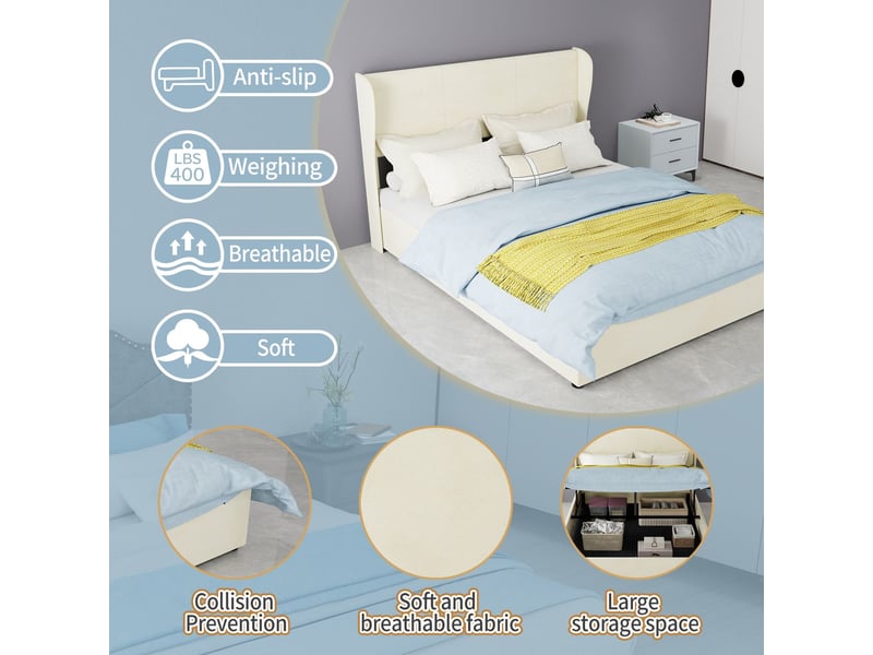  Lit rangement 140 x 200 cm lit double tête de lit rembourrée coloris beige base de rangement haute mécanisme à vérins à gaz lit multifonction  - Conforama E