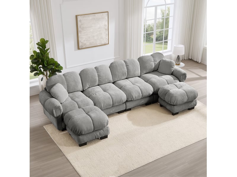  Canapé d'angle u à 4 places modulable, tissu chenille, gris clair, avec 2 ottomanes mobiles, design matelassé fin, confortable, ergonomique, facile à monter  - Conforama B